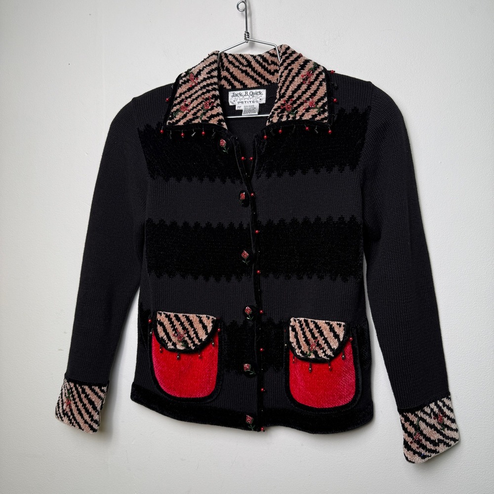 Jack B Quick Beaded Rose‎ Cardigan Sweater Black Red Chevron Size PP